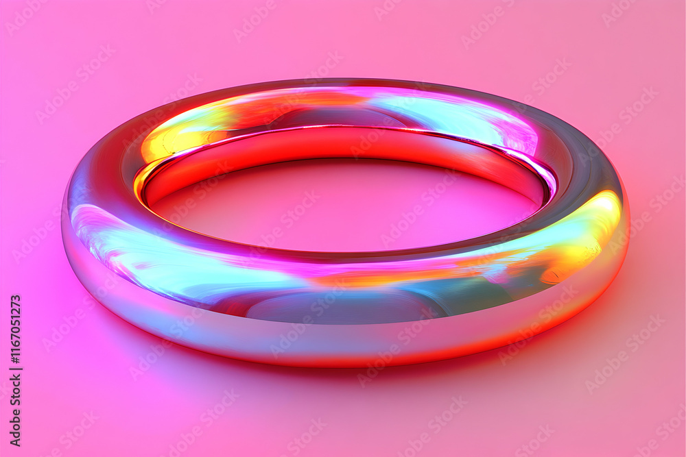Iridescent 3D Render of a Glossy Ring on Pink Background Iridescent 3D Render of a Glossy Ring on Pink Background