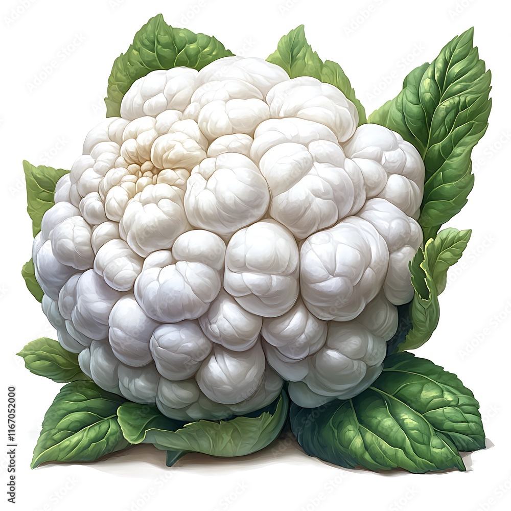 Obraz premium Detailed Illustration of a Fresh Cauliflower Head with Lush Leaves