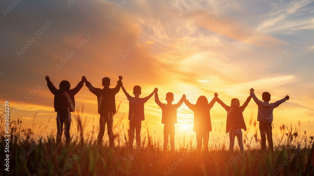 Silhouetted figures hold hands against a vibrant sunset, symbolizing unity, joy, and connection in an outdoor setting. Silhouetted figures hold hands against a vibrant sunset, symbolizing unity, joy, and connection in an outdoor setting.