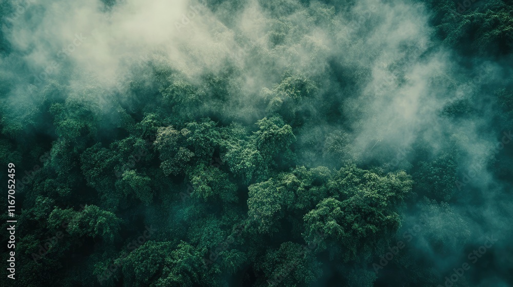 Fototapeta premium Aerial view of a tropical rainforest in Thailand with fog and clouds. high quality and a professional photograph. It is a top-down aerial shot with natural lighting, a perfect composition, color