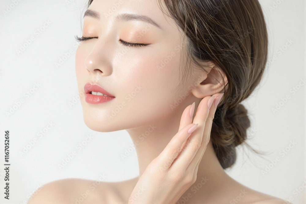 Radiant Asian Beauty: Close-up of Woman with Flawless Glass Skin, Minimalist Makeup, Natural Glow, and Gentle Touch, Skincare and Beauty Concept Radiant Asian Beauty: Close-up of Woman with Flawless Glass Skin, Minimalist Makeup, Natural Glow, and Gentle Touch, Skincare and Beauty Concept