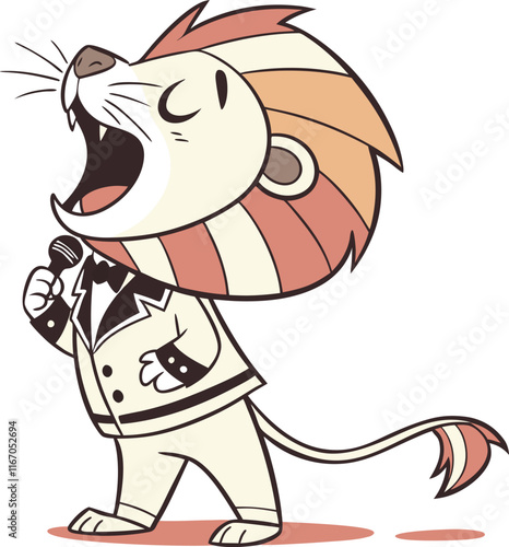 Roaring with Confidence: A cartoon lion, dressed in a tuxedo and holding a microphone