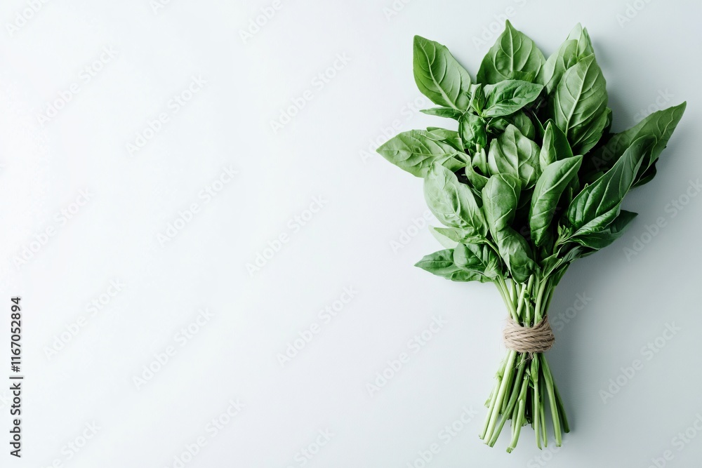 Fototapeta premium Fresh Green Basil Bundle on Light Background for Culinary Use