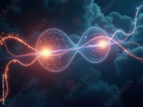 Surreal representation of quantum entanglement illustrating interconnected particles and energy waves photo