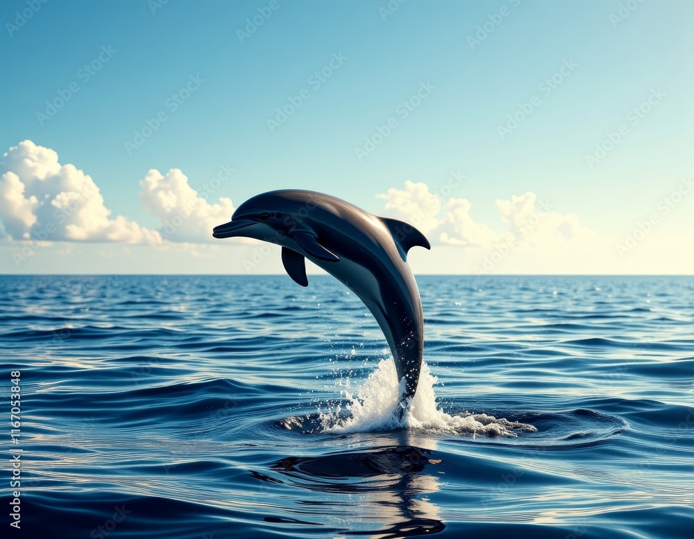 Obraz premium Dolphin Calf Leaping Under Midday Sun, Vaporwave Style with Copy Space for printing on a T-shirt