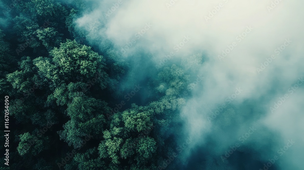 Fototapeta premium Aerial view of a tropical rainforest with low fog in the morning, a top-down view against a white sky background. A flying drone captures aerial images from above to capture distant trees and misty