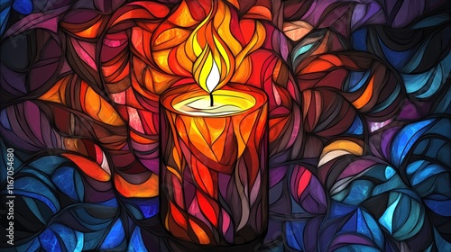 A single candle flame burns brightly against a colorful stained glass background.