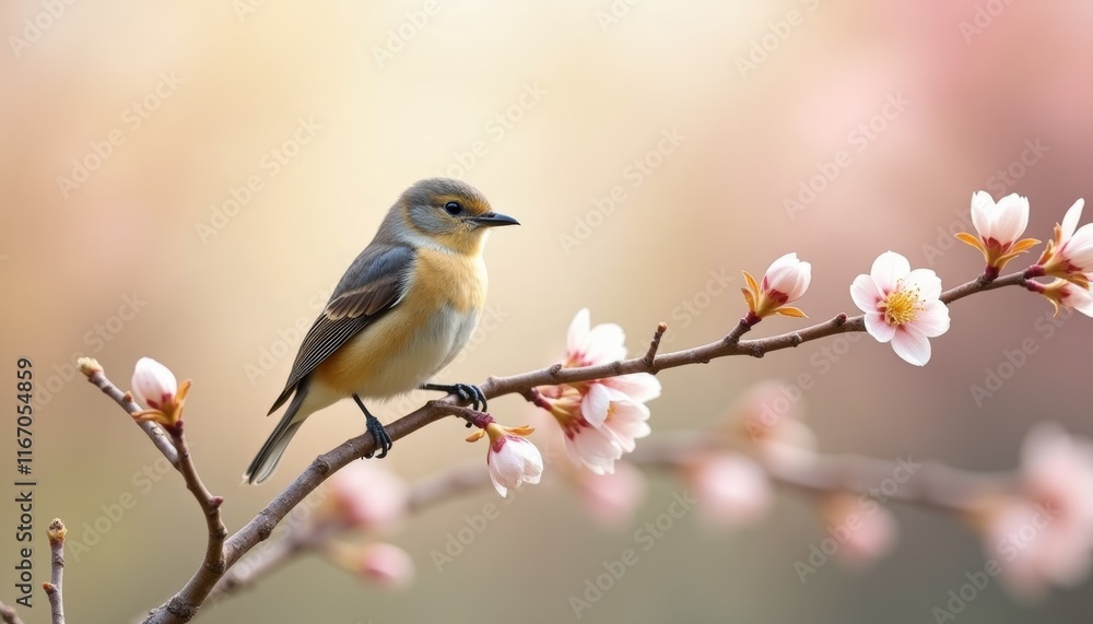 Small bird perched on a blossoming tree branch, beginning of spring. Small bird perched on a blossoming tree branch, beginning of spring.