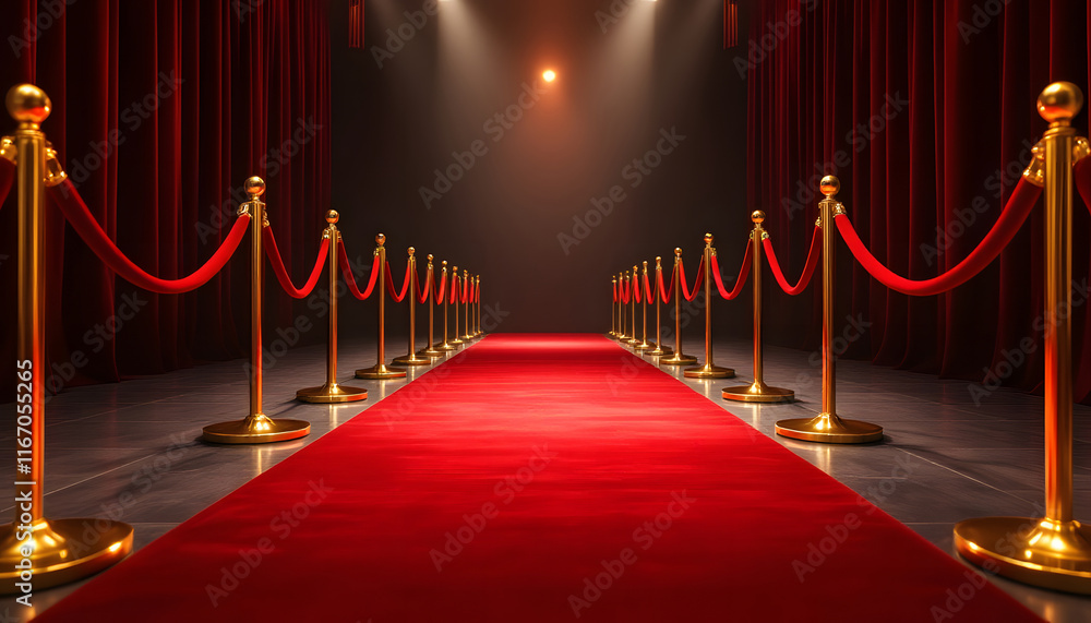 Red Carpet Event with Gold Stanchions, Glamorous Red Carpet Entrance Hallway, Exclusive Red Carpet Premiere Scene Red Carpet Event with Gold Stanchions, Glamorous Red Carpet Entrance Hallway, Exclusive Red Carpet Premiere Scene
