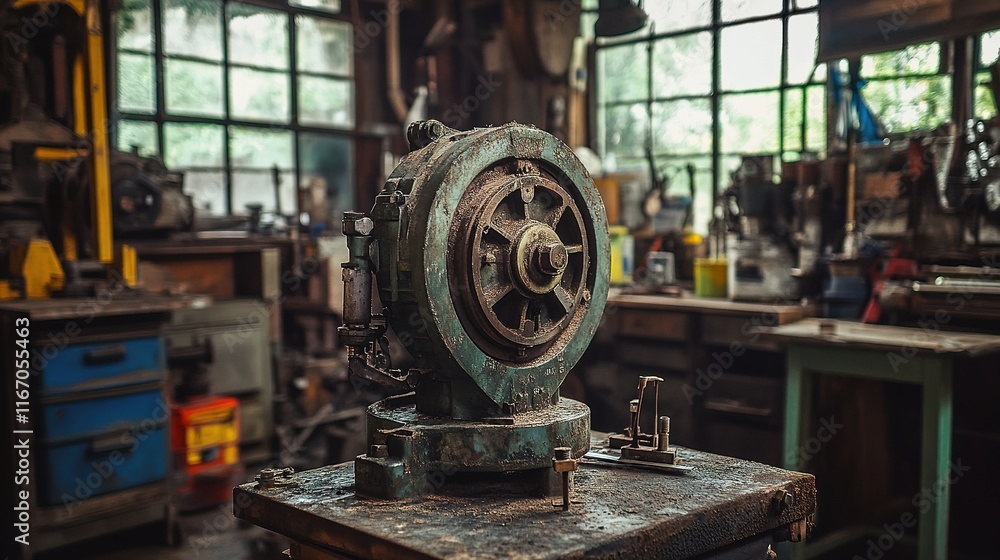 An antique marine engine being restored to working condition in a small workshop. An antique marine engine being restored to working condition in a small workshop.
