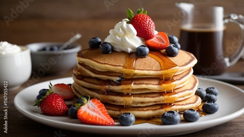 Fluffy Buttermilk Pancakes with Maple Syrup and Berries photo