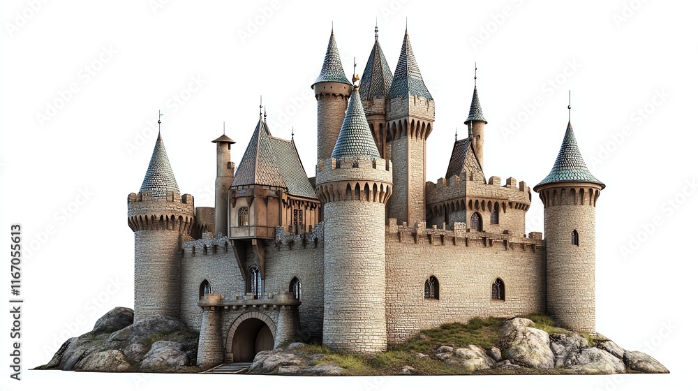 Detailed castle with towers and walls, isolated on white background. Detailed castle with towers and walls, isolated on white background.