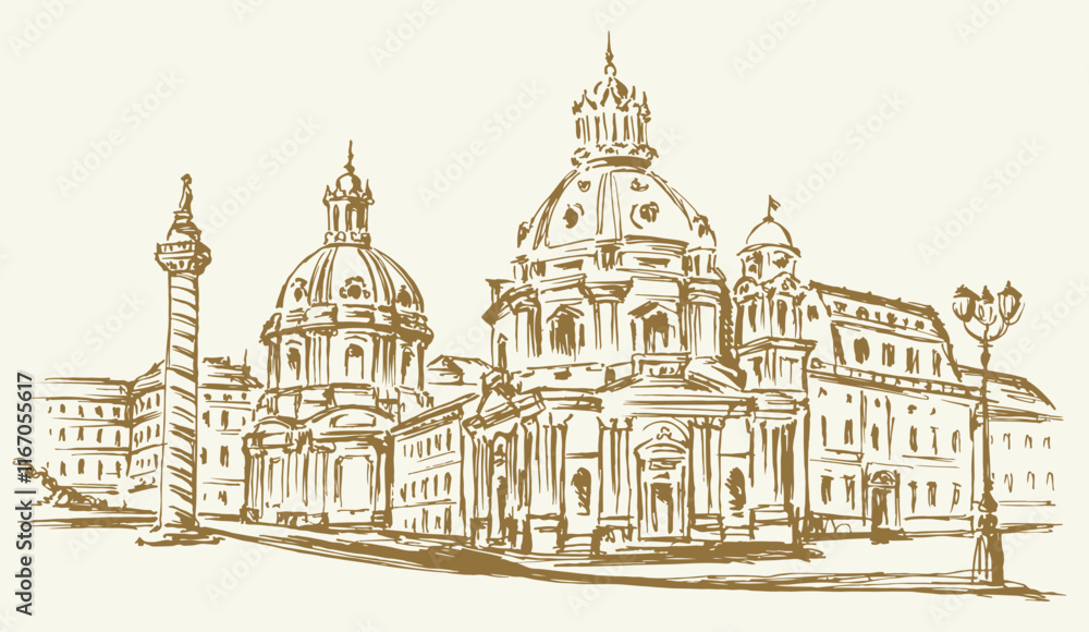 Vector drawing. Sketch of square in Rome. Vector drawing. Sketch of square in Rome.