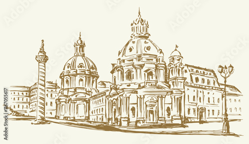 Vector drawing. Sketch of square in Rome.