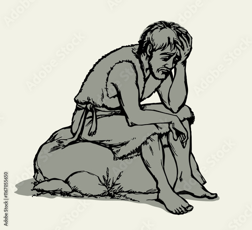 Vector drawing. A sad man and pigs