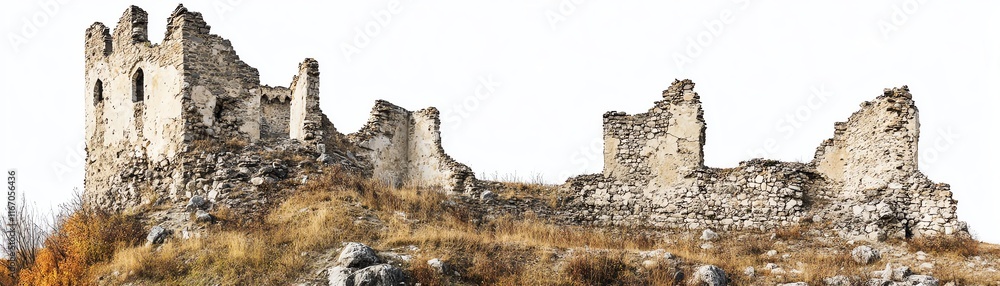 Ancient castle ruins on a hilltop with a clear white background. Ancient castle ruins on a hilltop with a clear white background.