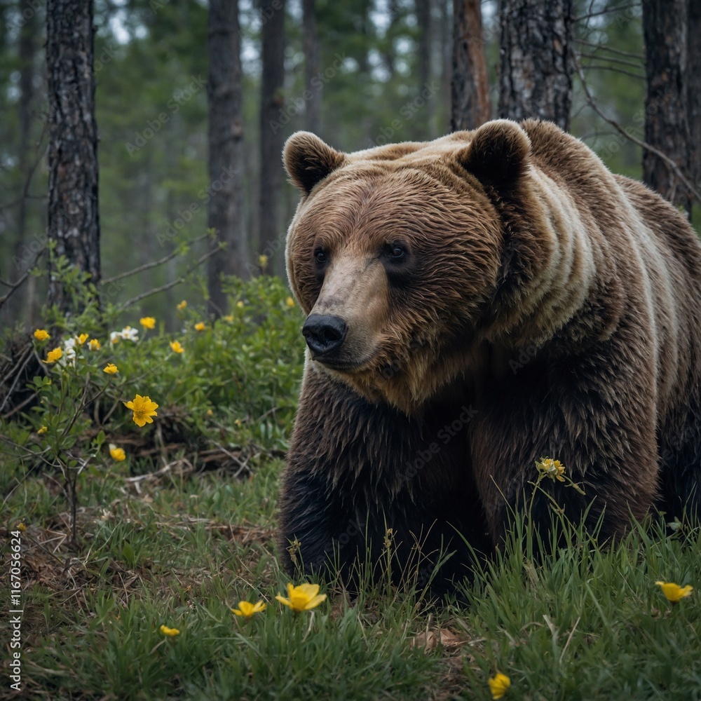Obraz premium Photograph a bear emerging from hibernation in spring.