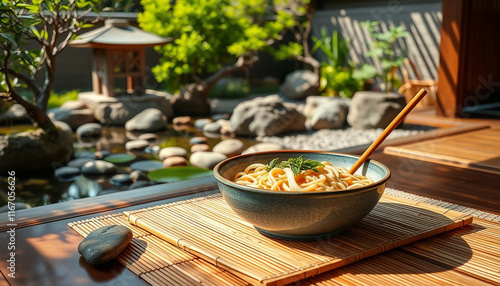 Experience tranquility with a traditional Japanese garden featuring a scenic pond, lush greenery, and a bowl of udon noodles. Immerse in the harmony of nature and Japanese culture.

