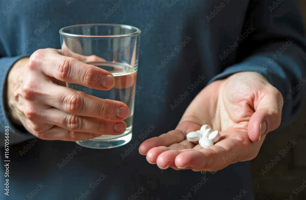 Close-up of hands holding white pills and a glass of water, wearing a blue shirt. Healthcare and medication concept Close-up of hands holding white pills and a glass of water, wearing a blue shirt. Healthcare and medication concept