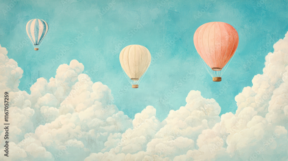 Naklejka premium Hot air balloons float above fluffy clouds in serene blue sky