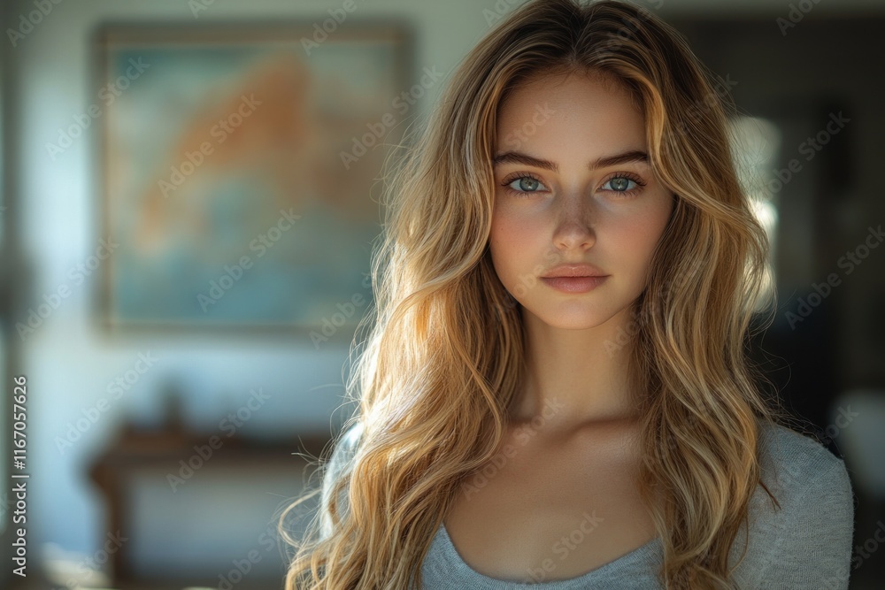 Long Wavy Hair Woman Back View Serene Interior Scene Long Wavy Hair Woman Back View Serene Interior Scene