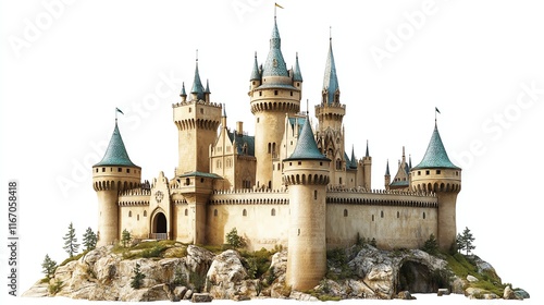 A grand fairy tale castle with towers and turrets on a white isolated background. photo