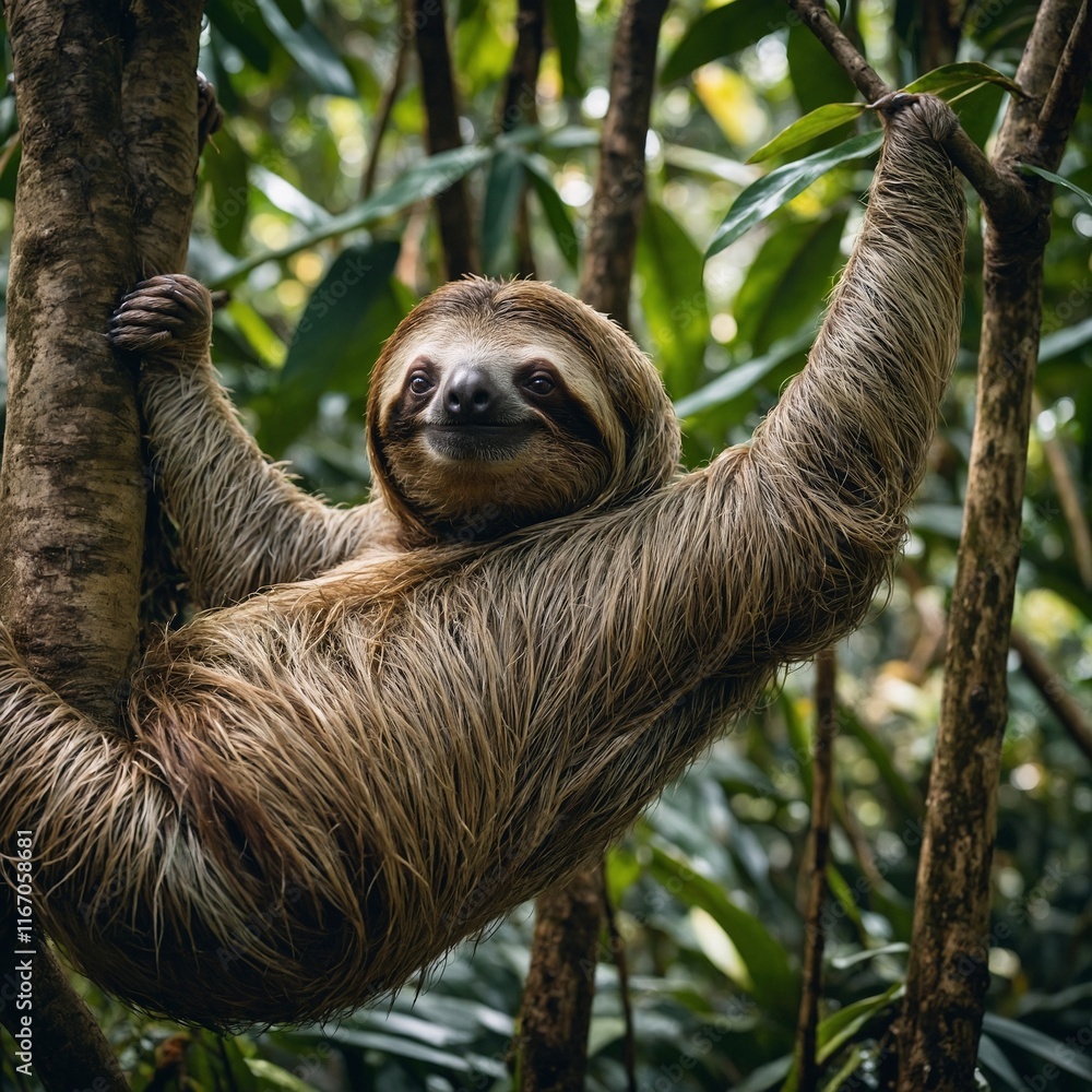 Fototapeta premium A sloth hanging lazily from a tree in a dense tropical rainforest.
