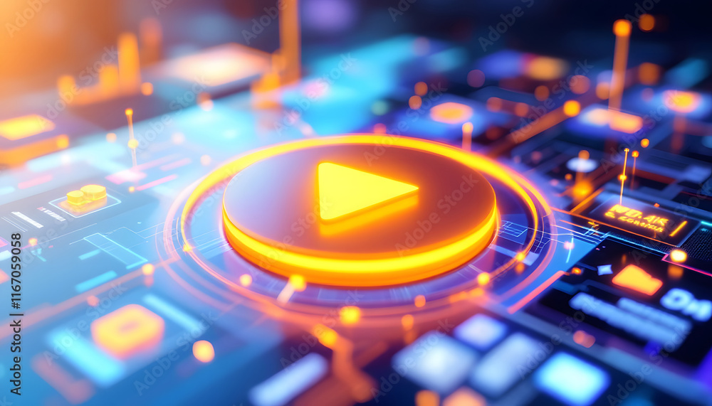 Fototapeta premium Glowing Play Button on Digital Background, Abstract Video Play Icon with Data Streams, Online Streaming Media Concept Illustration
