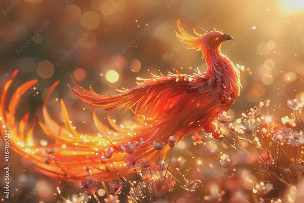 Obraz premium The birth of a new phoenix in the digital space, confident, powerful, radiant, and full of flowers.