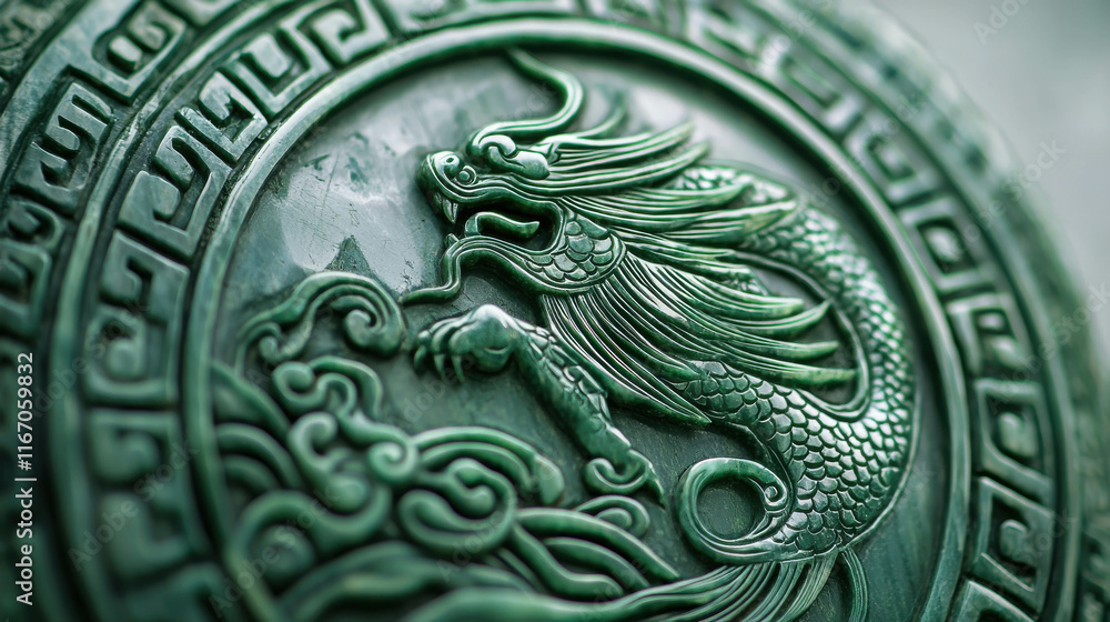 Intricate Imperial Jade Carving of a Phoenix with Detailed Patterns and Texture Intricate Imperial Jade Carving of a Phoenix with Detailed Patterns and Texture