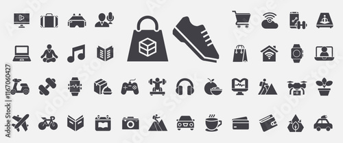 modern lifestyle glyph icons set, bicycle calendar landscape airplane