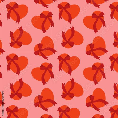 Love heart seamless pattern with bow. Cute romantic pink hearts background print. Valentines day holiday backdrop texture, romantic wedding design.