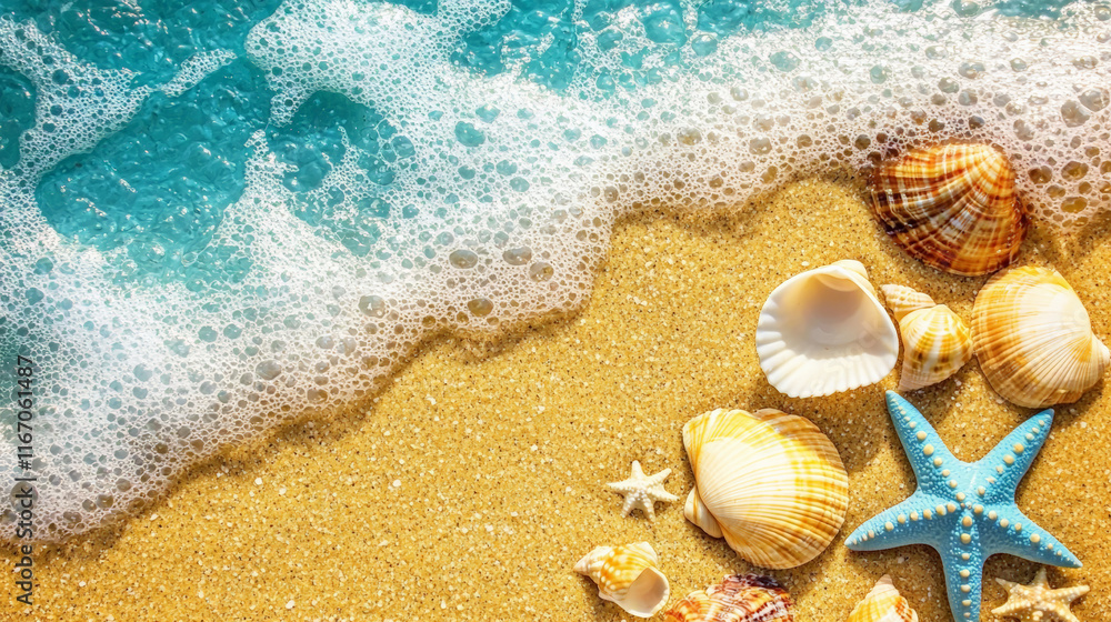 Seashells and starfish on sandy beach with gentle waves and bright light Seashells and starfish on sandy beach with gentle waves and bright light