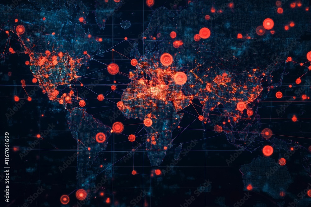 Fototapeta premium Global network map, glowing red nodes, digital connections.