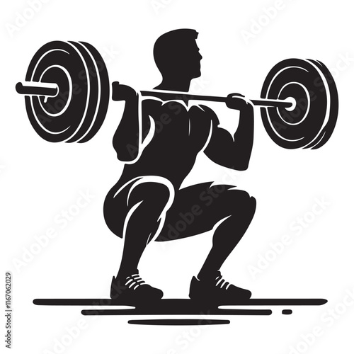 Weightlifting Silhouette Vector Illustration, Solid White Background.