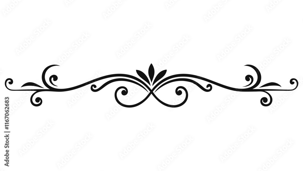 Elegant Decorative Divider Line with Symmetric Ornamental Border, Featuring Floral Motif and Abstract Flourish Filigree Elements Elegant Decorative Divider Line with Symmetric Ornamental Border, Featuring Floral Motif and Abstract Flourish Filigree Elements