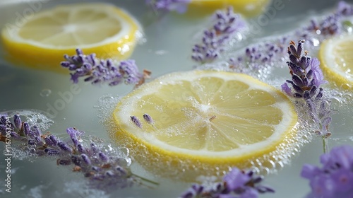 Refreshing lemon water infused with lavender flowers and bubbles for a soothing summer beverage experience photo