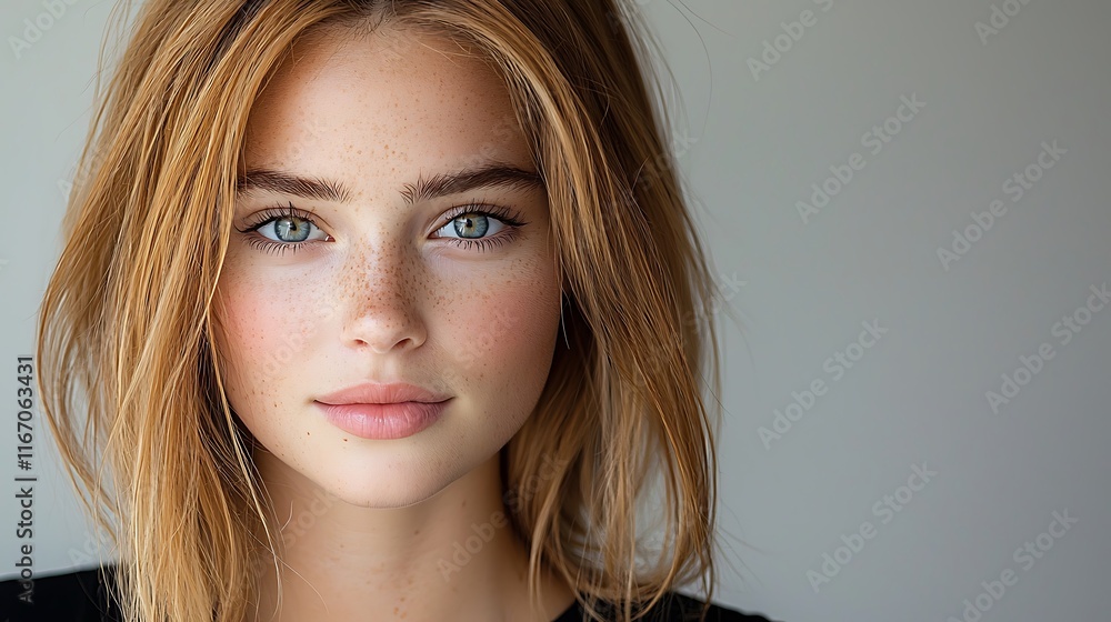 Naklejka premium Clean studio portrait soft lighting minimal background natural pose close-up facial features fresh aesthetic Ultra-Realistic Photo Realistic highly detailed 