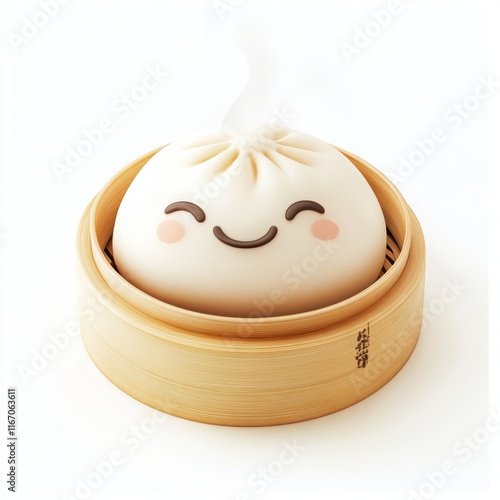 Cute Steamed Bun with Happy Face in Bamboo Steamer