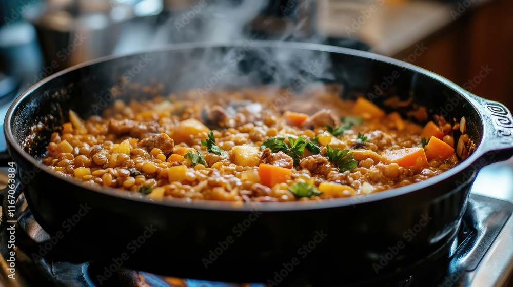 Savory lentil stew with vibrant vegetables and tender meat simmering in a rustic black pot on a warm stovetop Savory lentil stew with vibrant vegetables and tender meat simmering in a rustic black pot on a warm stovetop