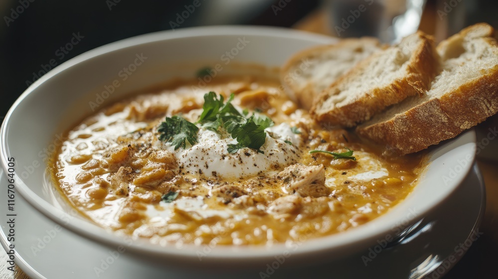 Lentil soup with chicken topped with sour cream served with fresh bread on the side in a cozy dining setting Lentil soup with chicken topped with sour cream served with fresh bread on the side in a cozy dining setting