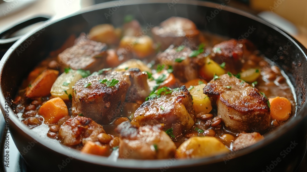 Savory lentil stew with tender meats and vibrant vegetables in a rich broth served in a rustic pot Savory lentil stew with tender meats and vibrant vegetables in a rich broth served in a rustic pot