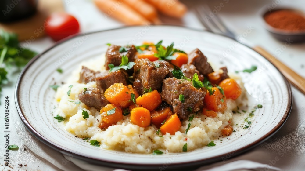 Savory lentil stew with carrots and tender meat served over creamy mashed potatoes garnished with fresh herbs Savory lentil stew with carrots and tender meat served over creamy mashed potatoes garnished with fresh herbs