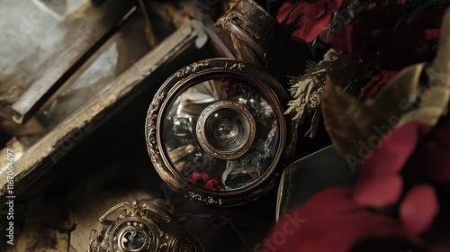 Antique decorative lens surrounded by vintage decor and flowers in a nostalgic setting conveying a sense of history and elegance photo