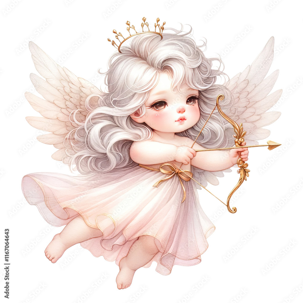 cute baby angel with wings and bow, wearing crown and flowing dress cute baby angel with wings and bow, wearing crown and flowing dress