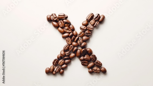 Coffee beans arranged to form the letter X against a neutral background showcasing creativity and natural textures in food design. photo