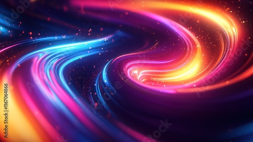 Abstract swirling light streaks in vibrant blue, pink, and orange hues.