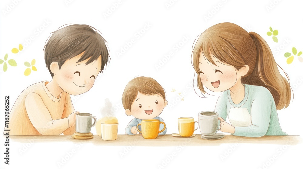 Happy family of three enjoying tea time together. Happy family of three enjoying tea time together.