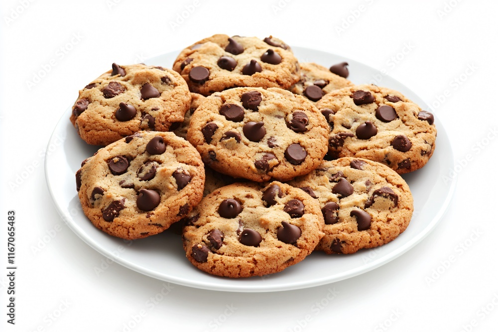 Freshly Baked Chocolate Chip Cookies on White Plate Display Freshly Baked Chocolate Chip Cookies on White Plate Display