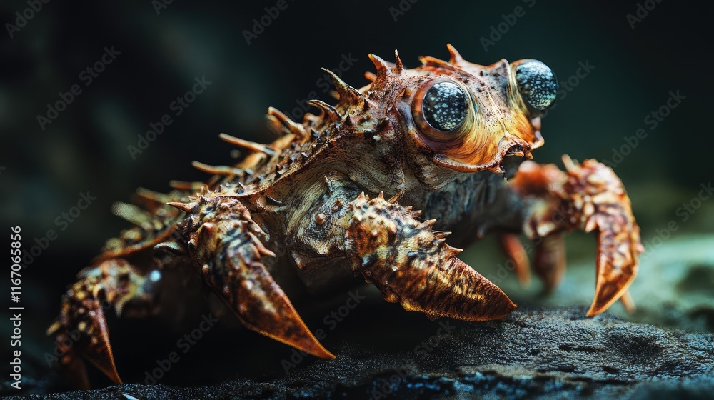 Close-up of a unique spiny crab highlighting intricate details and textures in its shell and eyes against a naturalistic background. Close-up of a unique spiny crab highlighting intricate details and textures in its shell and eyes against a naturalistic background.